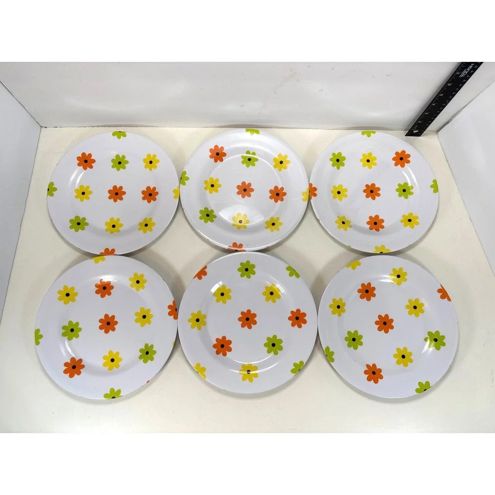 VTG Style Melamine Floral Plate Set 10pc Retro Orange Green Yellow Flower Set